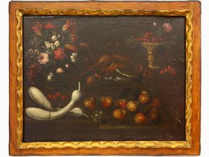 Scuola lombarda del XVII/XVIII secolo - Nature morte con frutta ortaggi e fiori