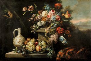 Rubbiani Felice - Natura morta con fiori, tappeto e canestro di frutti