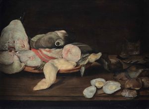 Natura morta con pesci, ostriche e gatto  - Asta ASTA 0484 - DIPINTI ANTICHI - Associazione Nazionale - Case d'Asta italiane