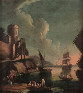 Fidanza Francesco - Veduta costiera con imbarcazioni e personaggi