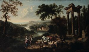 Ricci Marco - Paesaggio fluviale con pastori, armenti e rovine classiche
