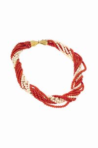 GIROCOLLO - Peso gr 111 5 composto da quattro fili di perline e sei fili di sfere di corallo rosso mediterraneo del diam di  [..]