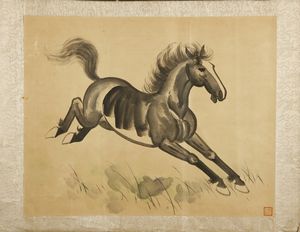 Arte Cinese - Dipinto raffigurante un cavallo al galoppo Cina, XX secolo Acquerello su carta
