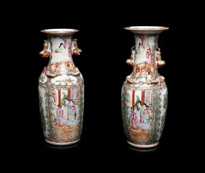 Arte Cinese - Due vasi Canton in porcellana smaltataCina, XIX secolo
