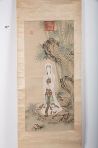 Arte Cinese - Dipinto raffigurante Guanyin firmato Chen Dong BangdaCina, dinastia Qing, XIX secolo
