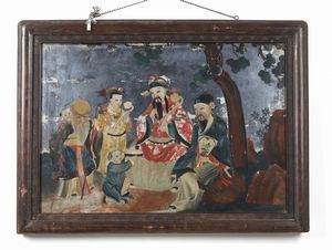 Arte Cinese - Dipinto su specchio raffigurante Immortali sotto pino cineseCina, XIX secolo
