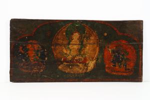 Arte Himalayana - Tavola in legno decorata con ChenrezigTibet, XIX secolo
