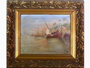Scuola orientalista del XX secolo - Paesaggi marini con barche e personaggi
