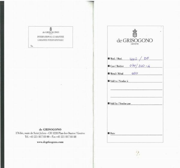 DE GRISOGONO INSTRUMENTO NO. UNO N. 070/200XX  - Asta Orologi - Associazione Nazionale - Case d'Asta italiane