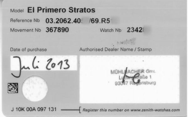 ZENITH EL PRIMERO STRATOS FLYBACK - FELIX BAUMGARTNER REF. 03.2062.4057/69 N. 234280 ANNO 2013  - Asta Orologi - Associazione Nazionale - Case d'Asta italiane