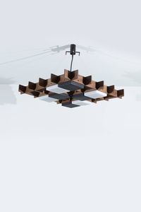 ANGELO BROTTO - Lampada a soffitto in legno e perspex. Anni '60 cm 84x83x10 5