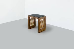 OSVALDO BORSANI  attribuito - Tavolino in legno e compensato intarsiato  piano in vetro scuro. cm 57x59x40