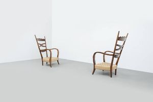 PAOLO BUFFA  attribuito - Coppia di sedie con struttura in legno  sedili in paglia intrecciata. Anni '50 cm 109x60x70