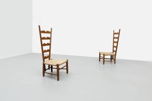 GIO PONTI - Coppia di sedie da camino con struttura in legno e sedute in paglia di Vienna. Prod. Casa e Giardino 1939 cm 1 [..]