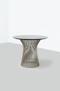 WARREN PLATNER - Tavolino rotondo  supporto in fili metallici cromati  piano in legno. Prod. Knoll 1960 cm 48x61