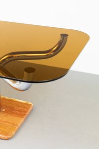 GUIDO FALESCHINI : Tavolo in metallo cromato  base in marmo e paino in vetro fum. Prod. Mariani anni '70 cm 73x127x125  - Asta Asta 182 - Associazione Nazionale - Case d'Asta italiane