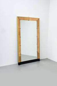 CRISTAL ART - Grande specchiera con cornice in ottone e vetro colorato. Anni '50 cm 187x105