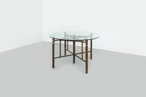 MCGUIRE - Tavolo con struttura in bamboo  legature in pelle  piano in vetro Anni '60 cm 74x130 Bibl.: Domus n 450  Maggio  [..]