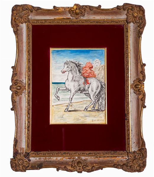 Giorgio de Chirico : Cavallo bianco con drappo rosso in riva al mare  - Asta 86 ASTA DI ARTE MODERNA E CONTEMPORANEA - Associazione Nazionale - Case d'Asta italiane