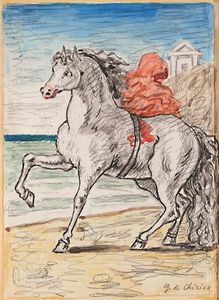Giorgio de Chirico - Cavallo bianco con drappo rosso in riva al mare