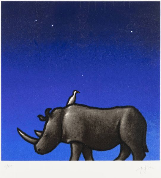 TINO STEFANONI Lecco 1937 - 2017 : Rinoceronte e uccello sotto un cielo blu  - Asta Asta 183 Grafica - Associazione Nazionale - Case d'Asta italiane