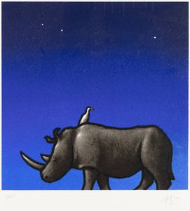 TINO STEFANONI Lecco 1937 - 2017 - Rinoceronte e uccello sotto un cielo blu