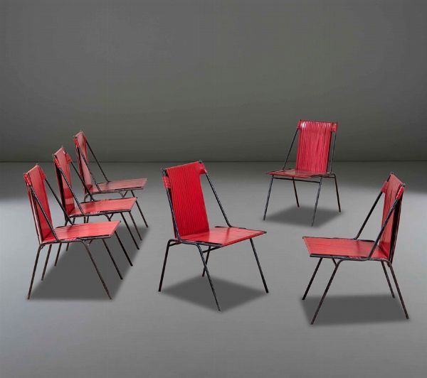 Set di sei sedie con struttura in ferro laccato e rivestimento in trafilato plastico.  - Asta PopUp Design - Associazione Nazionale - Case d'Asta italiane