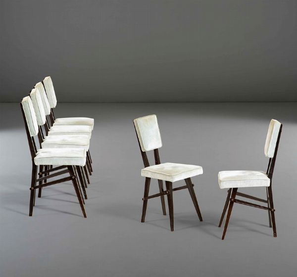 Sei sedie con struttura e sostegni in legno e rivestimento in tessuto.  - Asta PopUp Design - Associazione Nazionale - Case d'Asta italiane