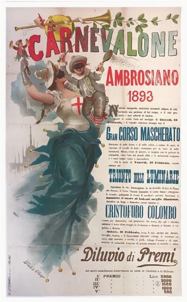 F.Vecchi da G.Campi : CARNEVALONE AMBROSIANO 1893 / GRAN CORSO MASCHERATO &  DILUVIO DI PREMI  - Asta Manifesti d'epoca - Associazione Nazionale - Case d'Asta italiane