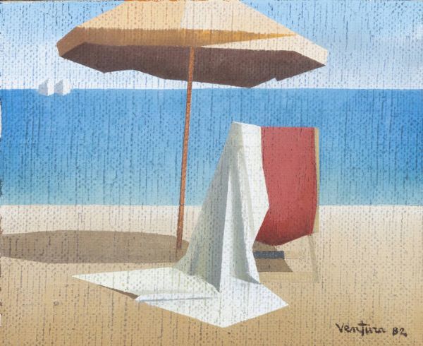 D. VENTURA : Ombrellone in spiaggia 1982  - Asta Dipinti dell'800, del '900 e contemporanei - Associazione Nazionale - Case d'Asta italiane