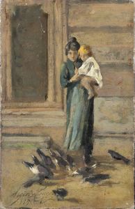PITTORE NON IDENTIFICATO - Donna con bambino e piccioni 1871