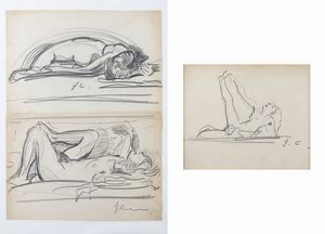 ITALO CREMONA Cozzo Lomellina (PV) 1905 - 1979 Torino - Lotto di due disegni  A. Nudo femminile B. Coppia di nudi femminili