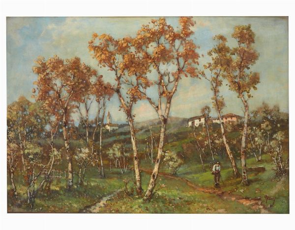 Sentiero con alberi, case, uomo  - Asta Dipinti di Arte Moderna, Contemporanea e XIX Secolo - Associazione Nazionale - Case d'Asta italiane