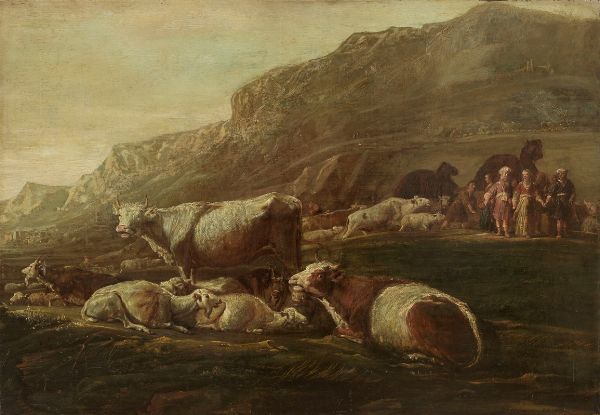 Paesaggio con armenti sullo sfondo, figure e cammelli  - Asta Importanti Dipinti Antichi - Associazione Nazionale - Case d'Asta italiane