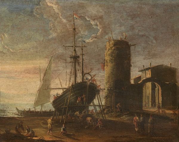 Marina con vascello in carenaggio e torre  - Asta Importanti Dipinti Antichi - Associazione Nazionale - Case d'Asta italiane