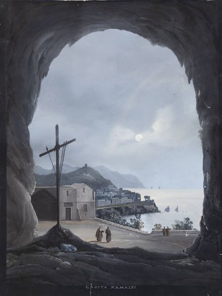 PITTORE ANONIMO : Grotta d'Amalfi  - Asta Asta 185 - Asta di dipinti e sculture antiche e dell'800 - Associazione Nazionale - Case d'Asta italiane