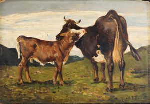 LORENZO DELLEANI Pollone (BI) 1840 - 1908 Torino - Mucca e vitello 24/9/84