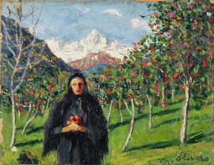 MATTEO OLIVERO Acceglio (CN) 1879 - 1932 Saluzzo (CN) - Raccolta delle mele o La Madre con il Monviso