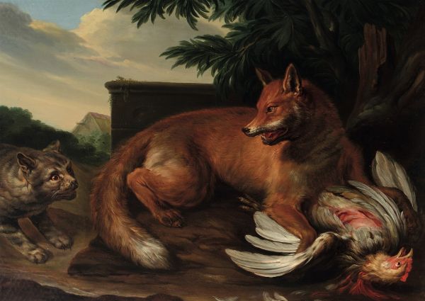Contesa tra volpe e gatto per una gallina  - Asta Dipinti Antichi - Associazione Nazionale - Case d'Asta italiane