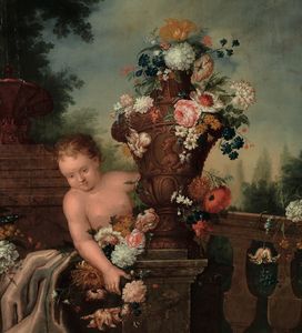 Natura morta con putto, drappo e vaso di fiori  - Asta Dipinti Antichi - Associazione Nazionale - Case d'Asta italiane