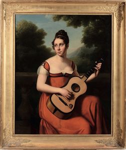 Volpeliere L.P. Julie : Ritratto di gentildonna che suona una chitarra  - Asta Dipinti Antichi - Associazione Nazionale - Case d'Asta italiane