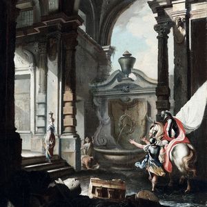 Capriccio architettonico con cavaliere e donne presso una fontana  - Asta Dipinti Antichi - Associazione Nazionale - Case d'Asta italiane