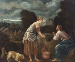 ARTISTA VENETO DEL XVI SECOLO - Cristo e la Samaritana al pozzo.