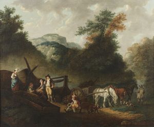 DE LOUTHERBOURG PHILIP JAMES (1740 - 1812) - Attribuito a. Paesaggio con personaggi al riposo presso una cava di carbone.