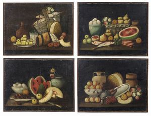 ARTISTA CENTROITALIANO DEL XVIII SECOLO - Gruppo di quattro dipinti raffiguranti nature morte di frutta.