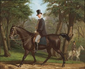 Artista inglese del XIX secolo - Paesaggio con gentiluomo a cavallo.