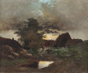 DUPR JULES (1811 - 1889) - Paesaggio notturno con personaggi.