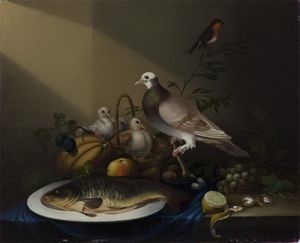 ARTISTA OLANDESE DEL XIX SECOLO - Natura morta con frutta, colombi e piatto con pesce.