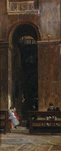 FAVRETTO GIACOMO (1849 - 1887) - Interno di chiesa con personaggi.