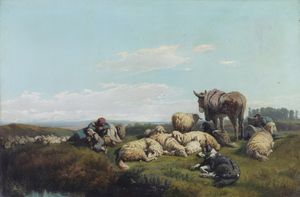 ARTISTA NAPOLETANO DEL XIX SECOLO - Paesaggio con pastorelle e gregge.